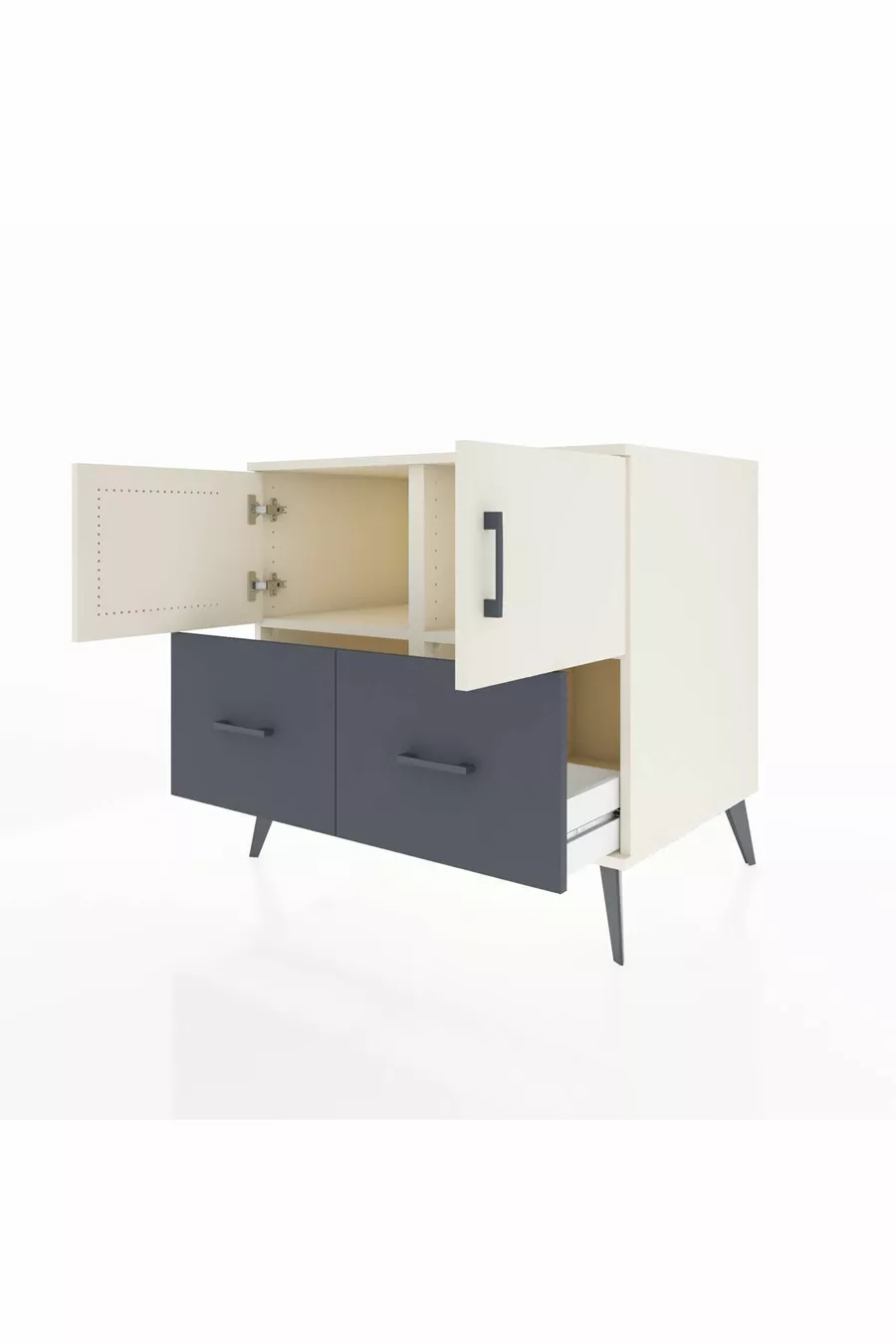 Commode Kronos avec 2 étagères, 2 tiroirs et 2 portes, Pierre de Lune/Anthracite