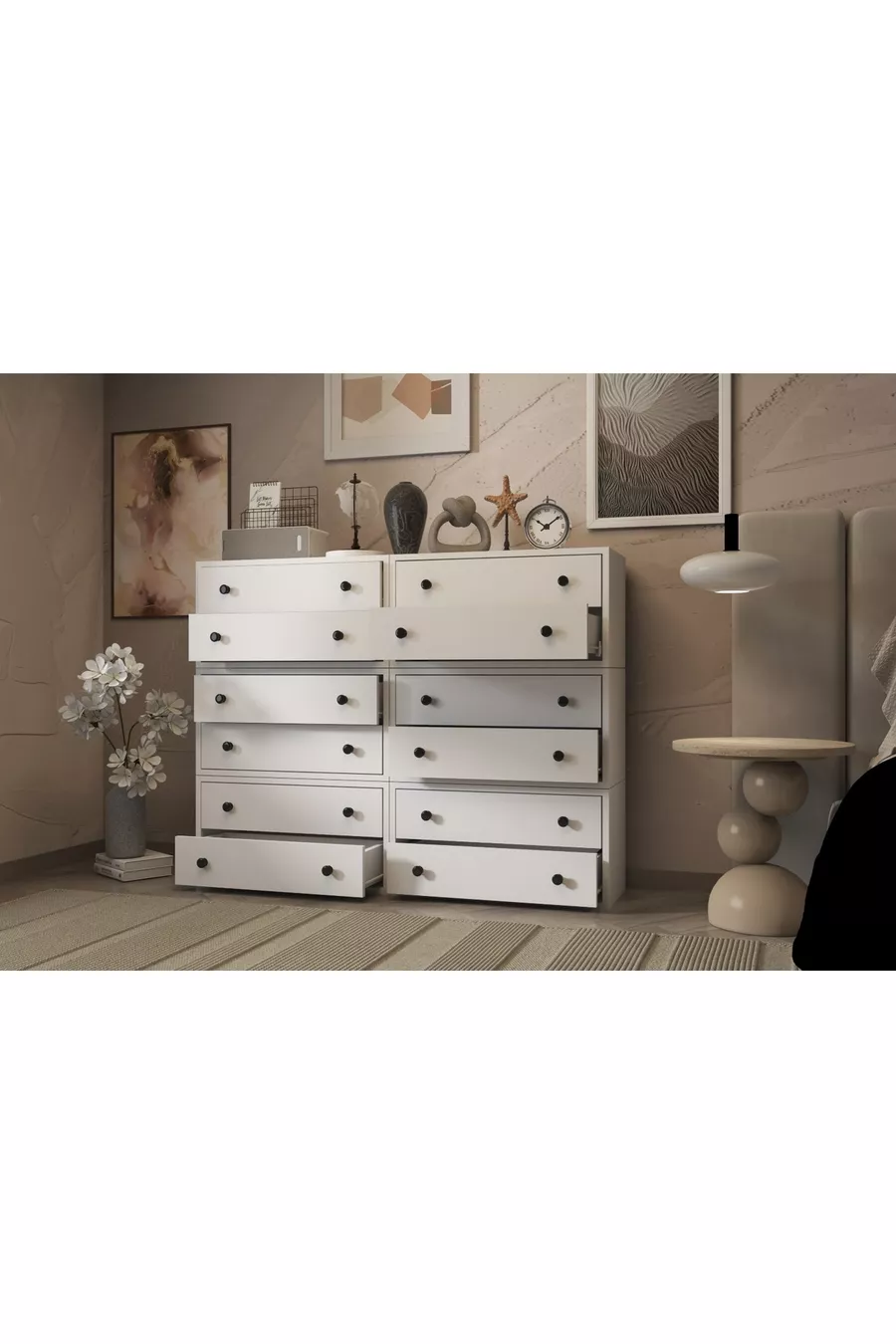 Twelve-Drawer White Dresser with Shelves, Without Strips