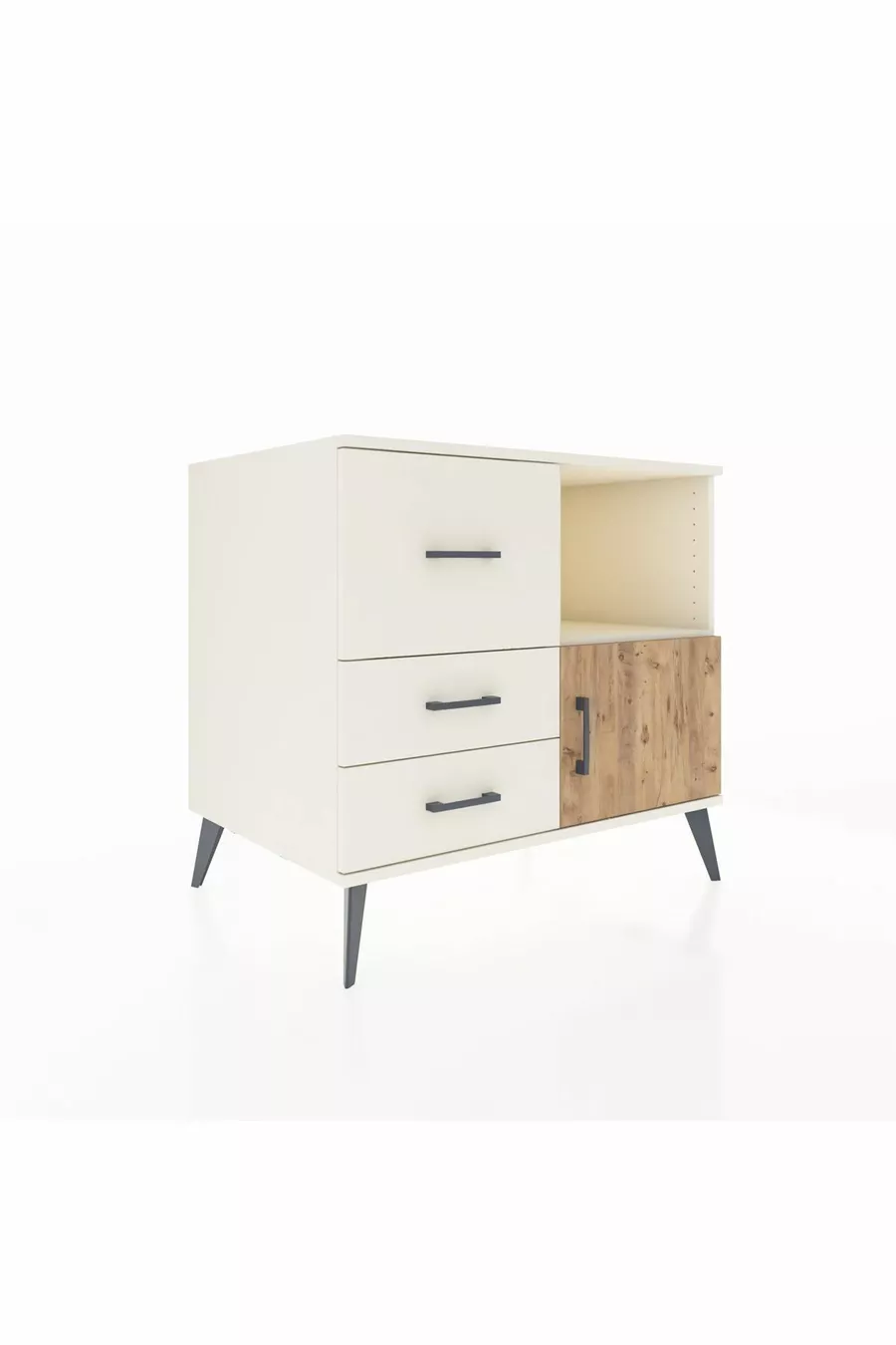 Commode Kronos à une étagère, 3 tiroirs et une porte, Pierre de Lune-Sapin/Pierre de Lune