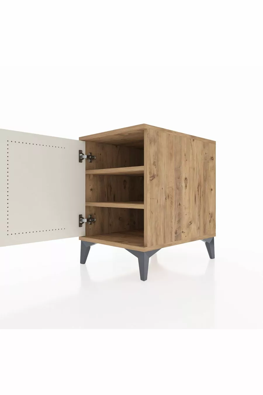 Table de chevet Kronos à 2 étagères avec 1 porte, pin-pierre d'onyx