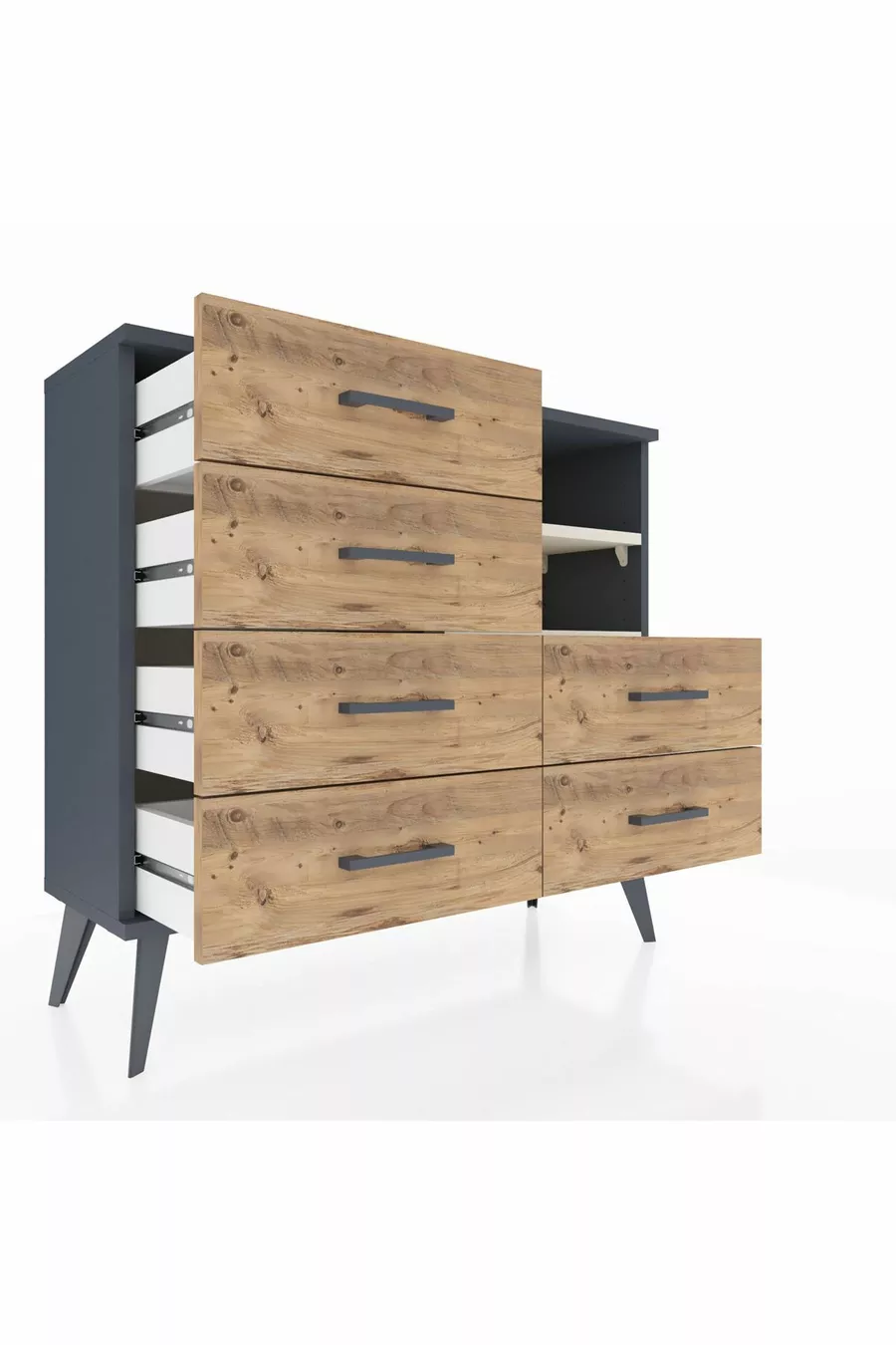 Commode Arges 2 étagères 6 tiroirs Anthracite-Pierre de lune/Merisiers