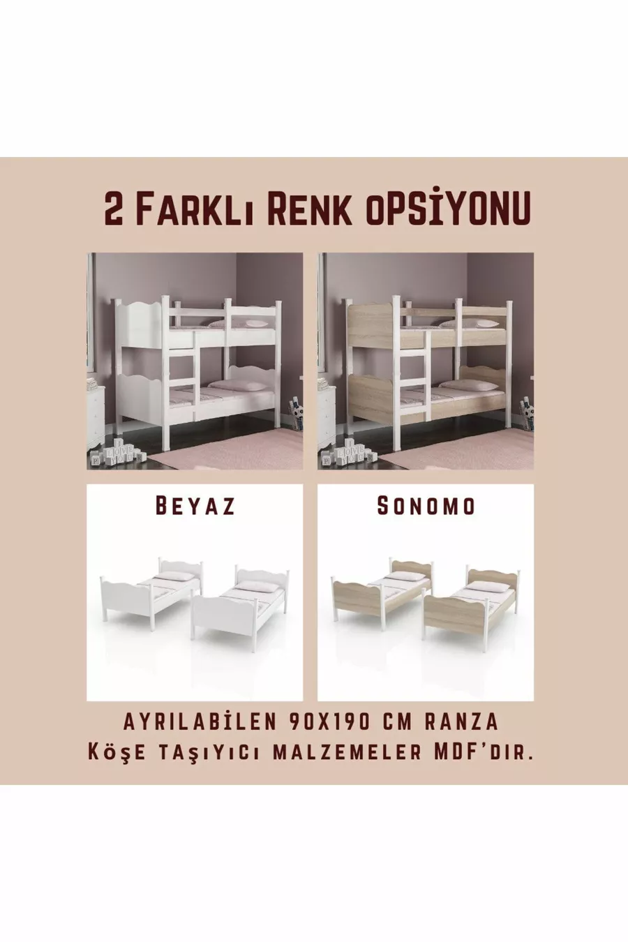Lit superposé Cozy avec échelle amovible cm (panneau MDF porteur - 2 options de couleur)