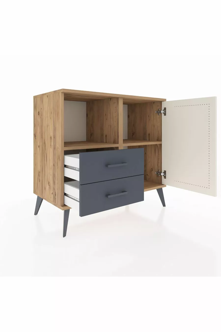 Commode Hyperion avec 2 étagères, 2 tiroirs et 1 porte, en pin et gris anthracite