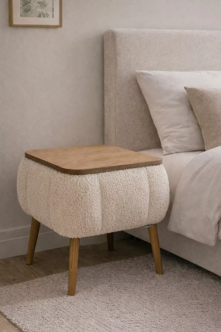 Lina Sandıklı Nightstand, Modern Nightstand with Teddy Fabric Upholstery and Wooden Legs