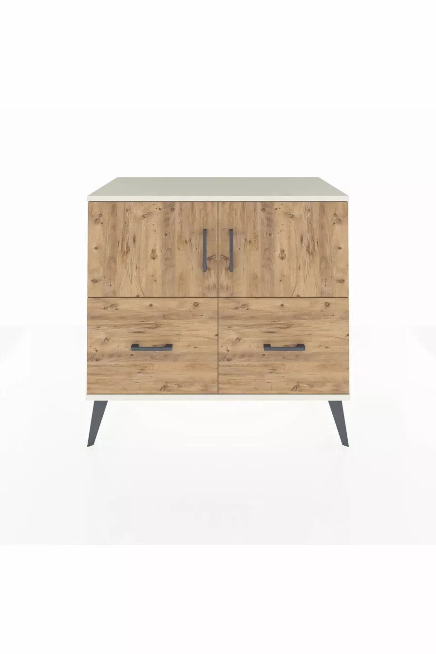Commode Hyperion avec 2 étagères, 2 tiroirs et 2 portes, Pierre de Lune-Pin