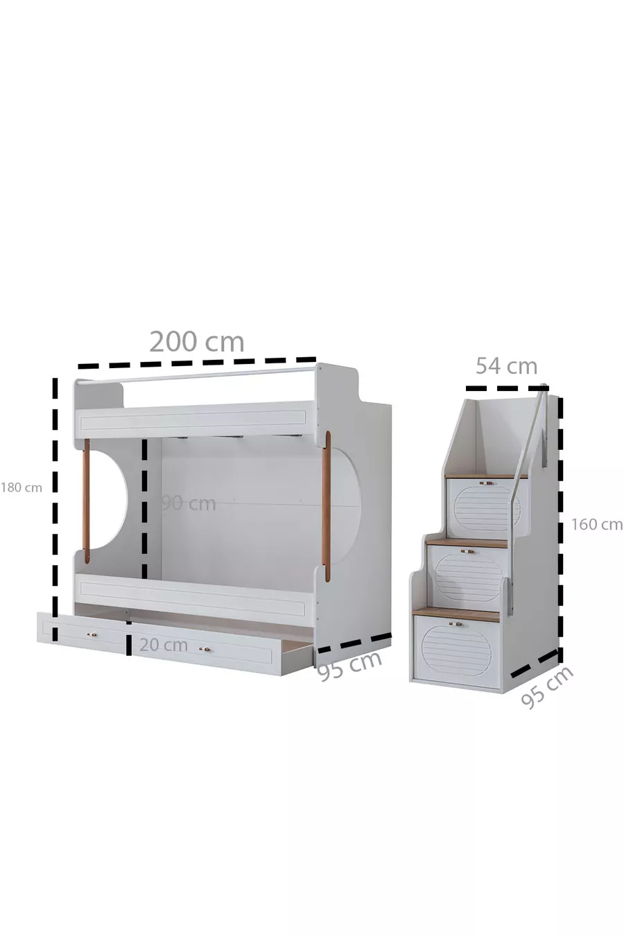 Bunk Bed, Vita Bohem Youth Room Set with Walnut Bunk Bed + Four-Door Wardrobe