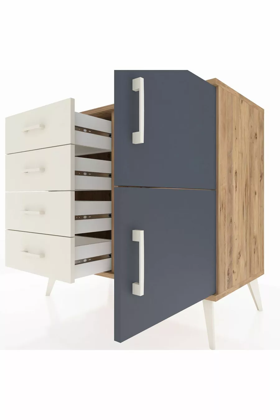 Commode Hyperion avec une seule étagère, 4 tiroirs et 2 portes, pin-anthracite/pierre de lune
