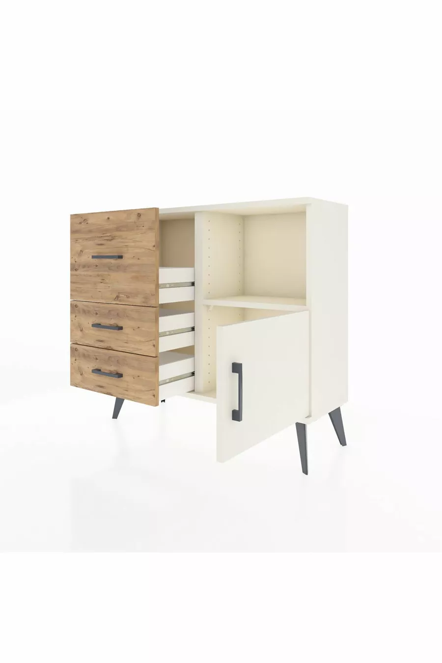 Commode Arges avec une seule étagère, 3 tiroirs et une porte, couleur Pierre de Lune/Pin