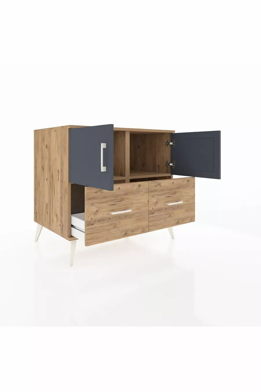 Commode Kronos avec 2 étagères, 2 tiroirs et 2 portes, Pin-Anthracite/Pin