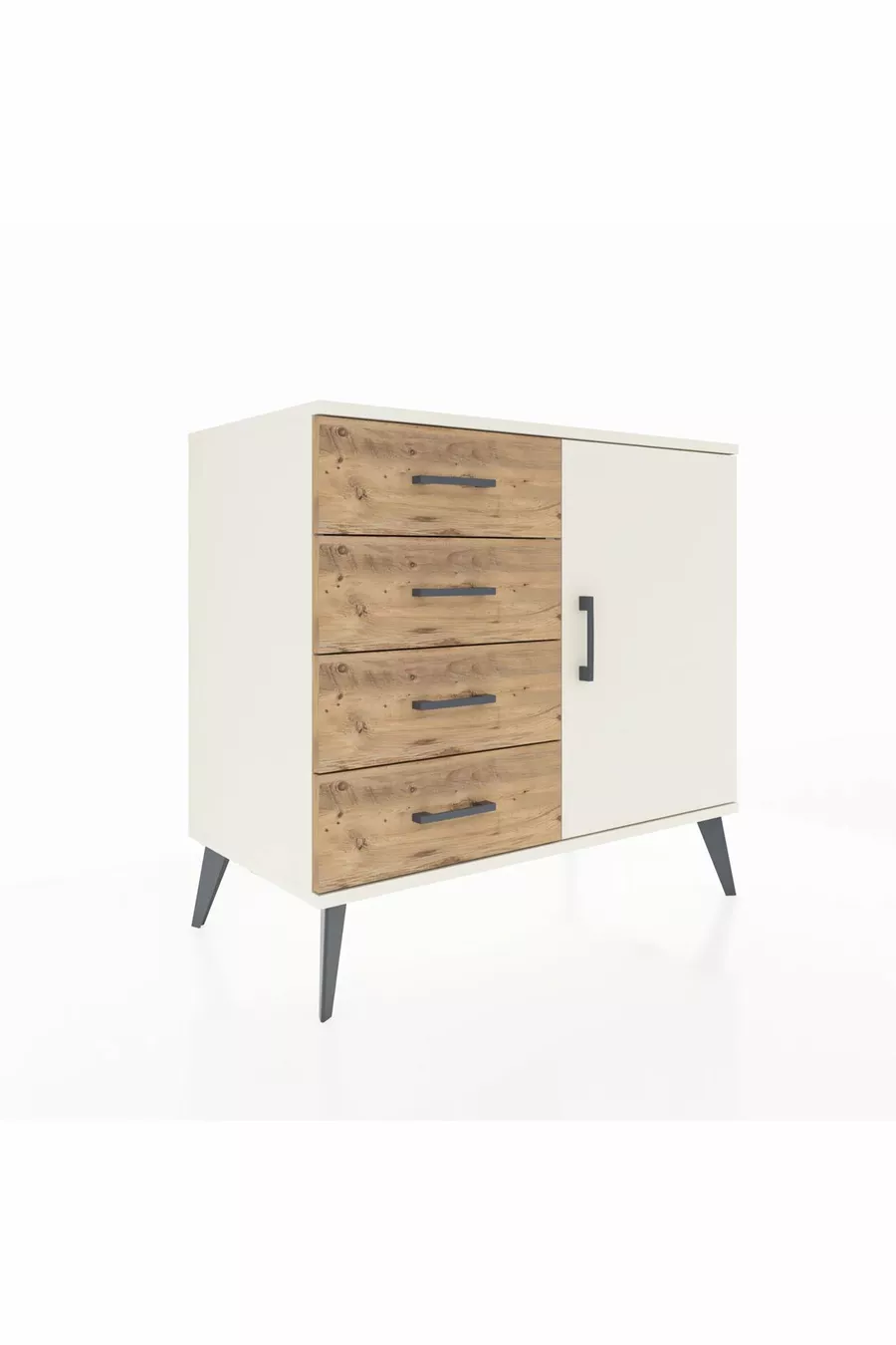 Commode Hyperion avec une seule étagère, 4 tiroirs et une porte, Pierre de Lune/Pins