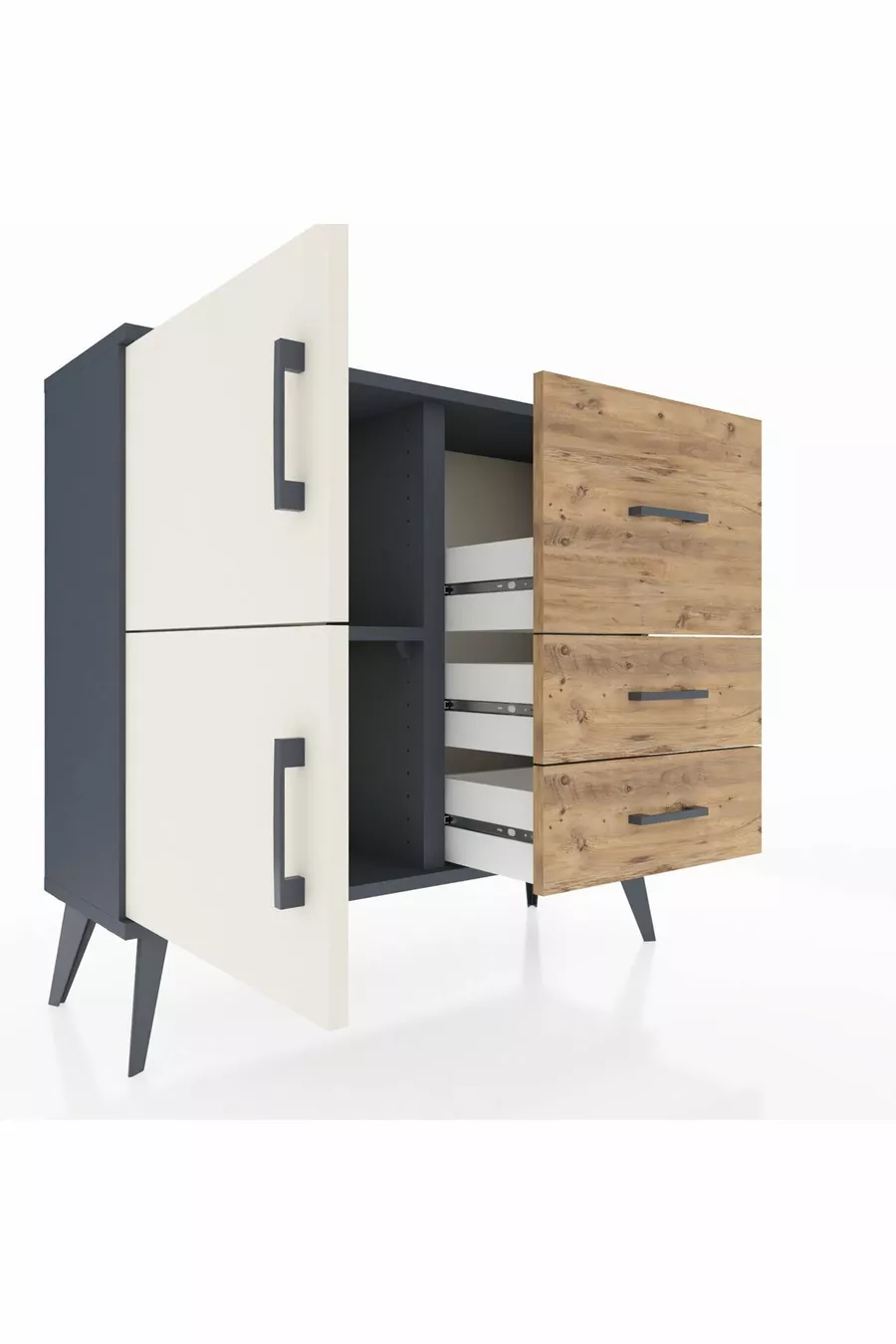 Commode Arges à une étagère, 3 tiroirs et 2 portes, Anthracite-Sable/Pin