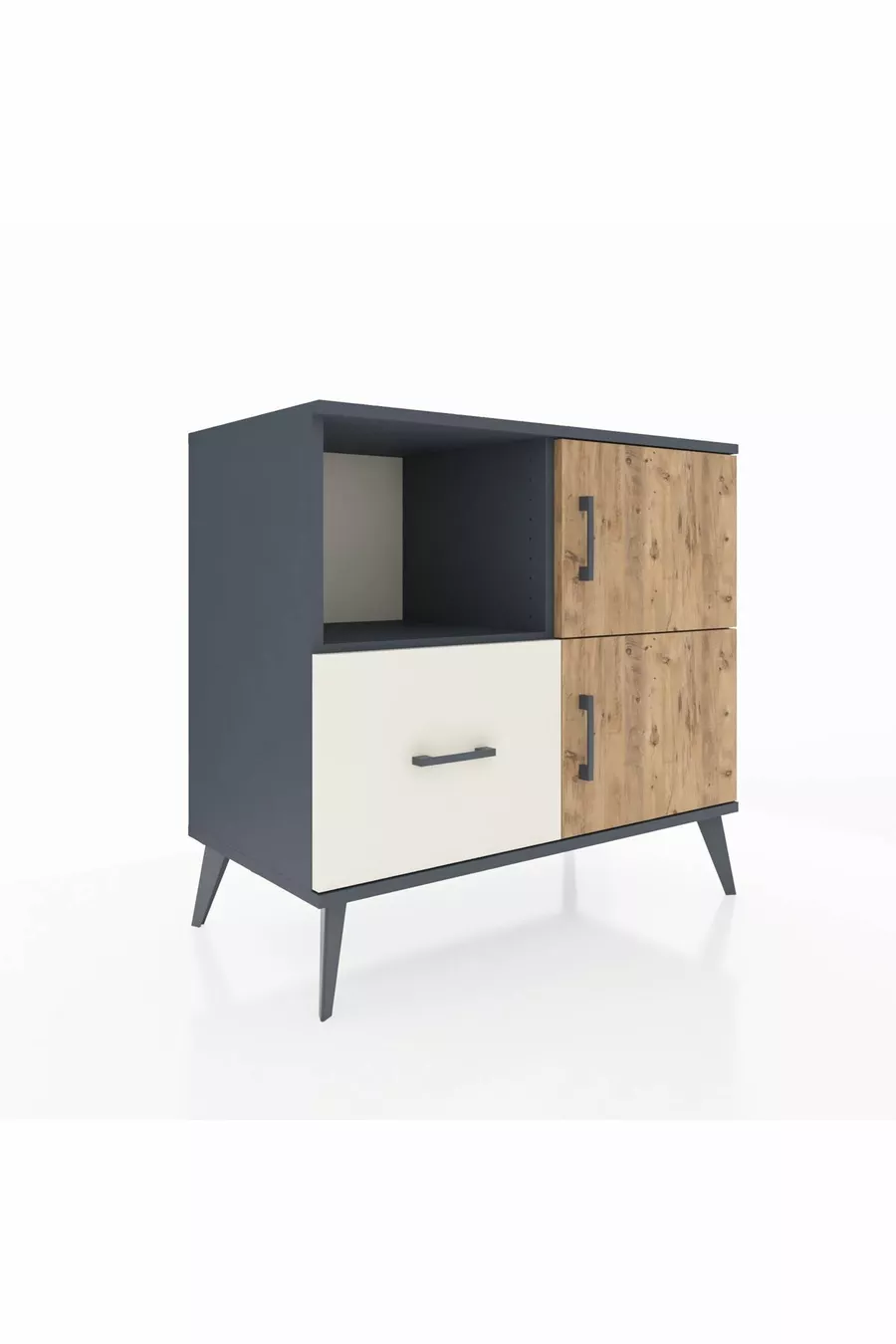 Commode Hyperion à 2 étagères, 1 tiroir, 2 portes, Anthracite-Sapin/Pierre de Lune