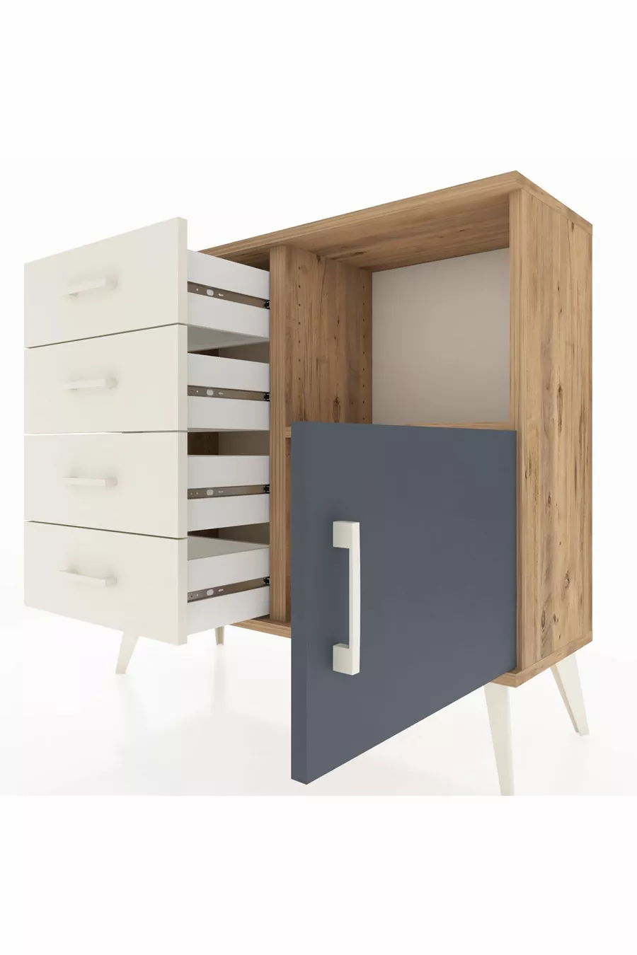 Commode Arges avec une étagère, 4 tiroirs et une porte, pin-anthracite/pierre de lune