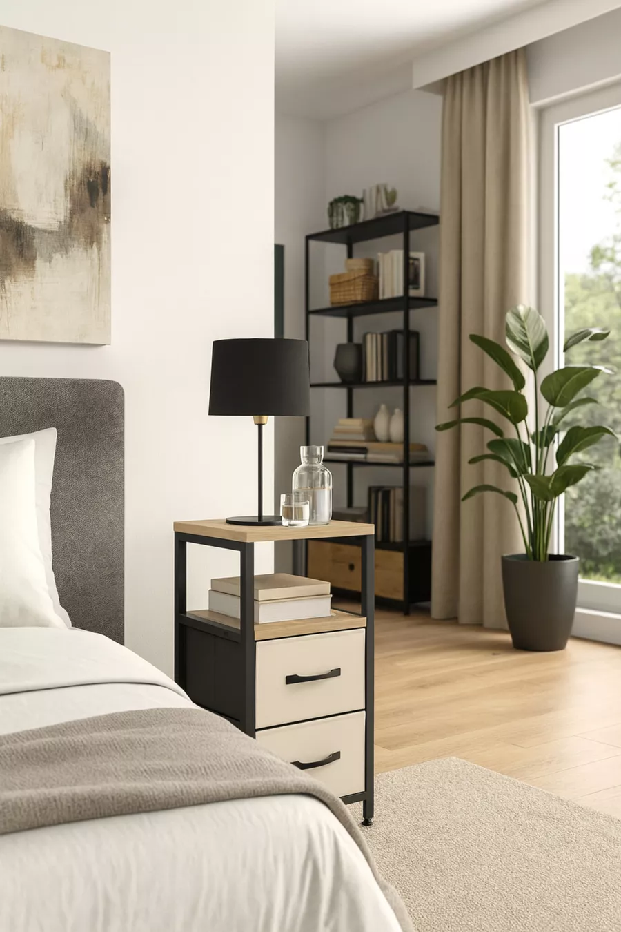 Table de chevet métallique avec 2 étagères, tiroir en cuir et organisateur pour chambre à coucher