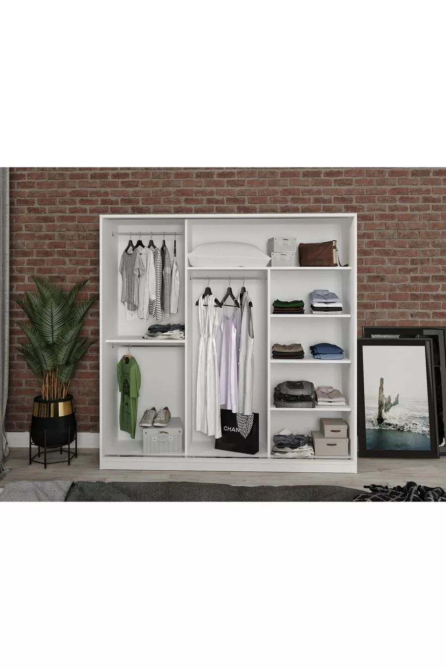 Armadio con specchio scorrevole in MDF Samira, bianco - MDF di prima qualità completa