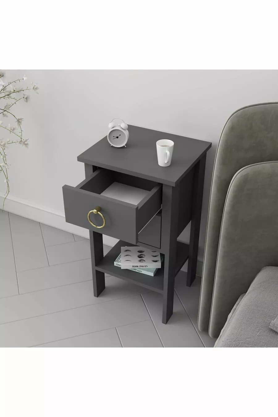 Table de chevet Mandosi Mobilier avec double tiroir, poignées en or anthracite