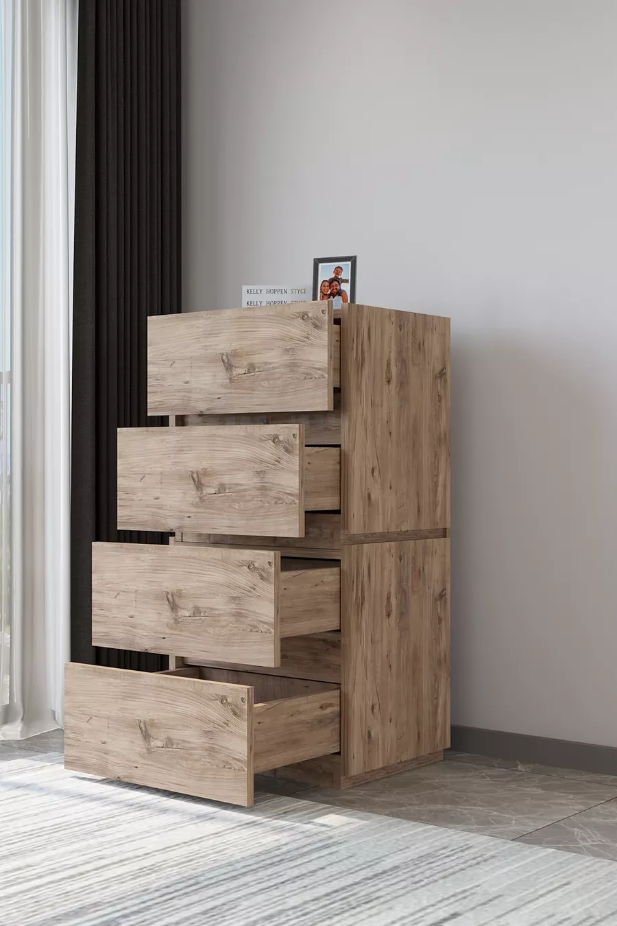 Commode Galata à 4 tiroirs en pin verni, couleur pin, pour chambre à coucher ou chambre de bébé