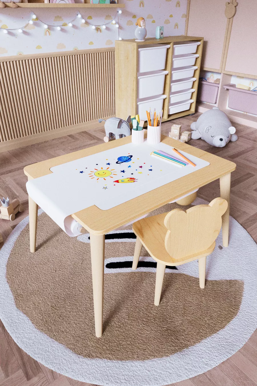 Table d'activité de jeu en bois avec chaise ourson en bois résistante à l'eau