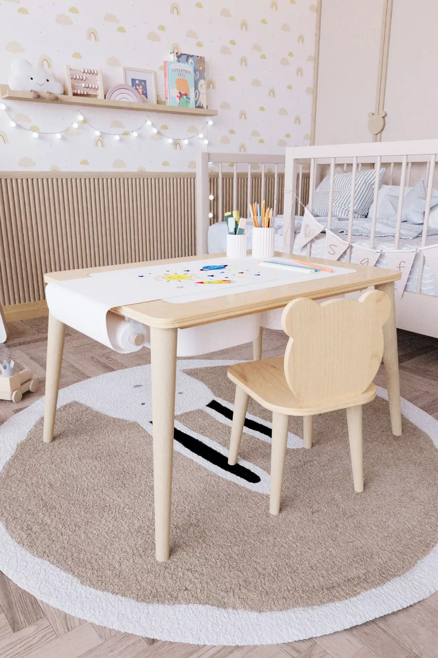 Table d'activité de jeu en bois avec chaise ourson en bois résistante à l'eau