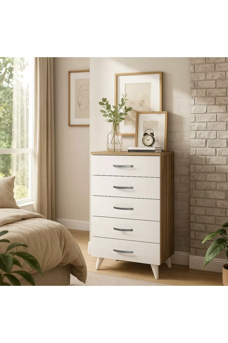 Commode Cemre à 5 tiroirs Blanc-Noyer