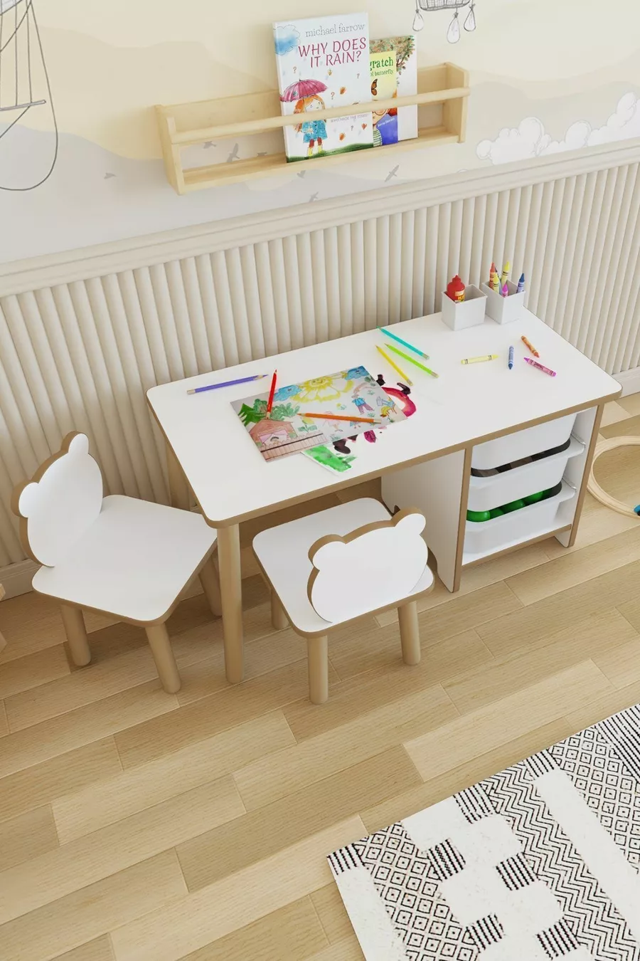 Kids Table and Chair Set-3 Basket Work and Activity Table-Dry-Erase Surface-2 Panda Chairs