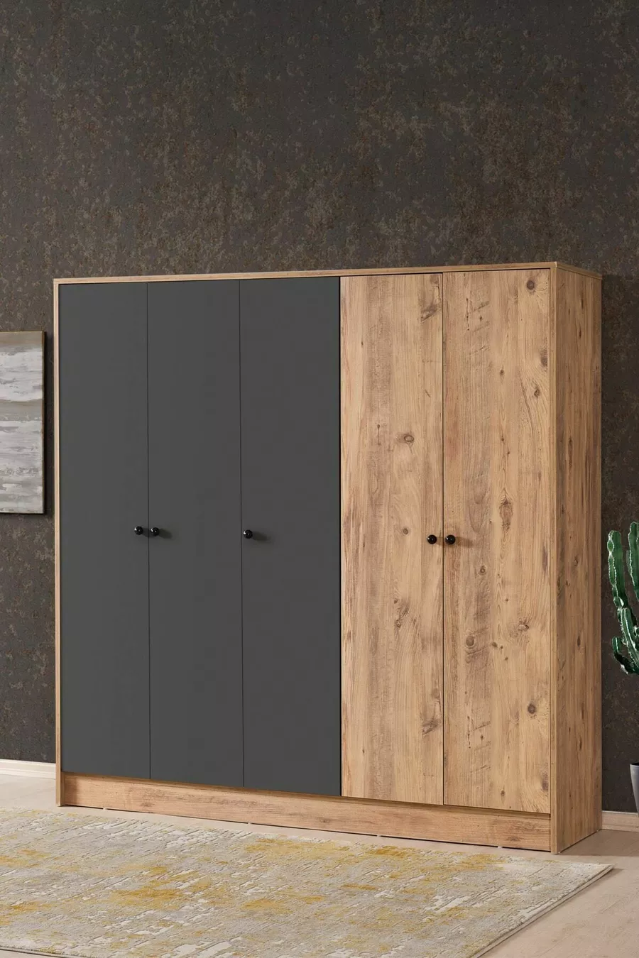 Armoire  Diva 5 portes avec étagères compartimentées et patères, pin atlantic et anthracite,  cm