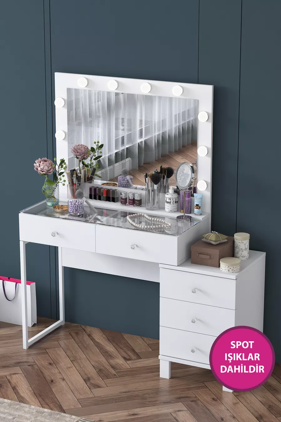 Rani Tavolo da Trucco con Specchio e Luci in Stile Hollywood con 5 Cassetti Organizzatore di Gioielli Bianco