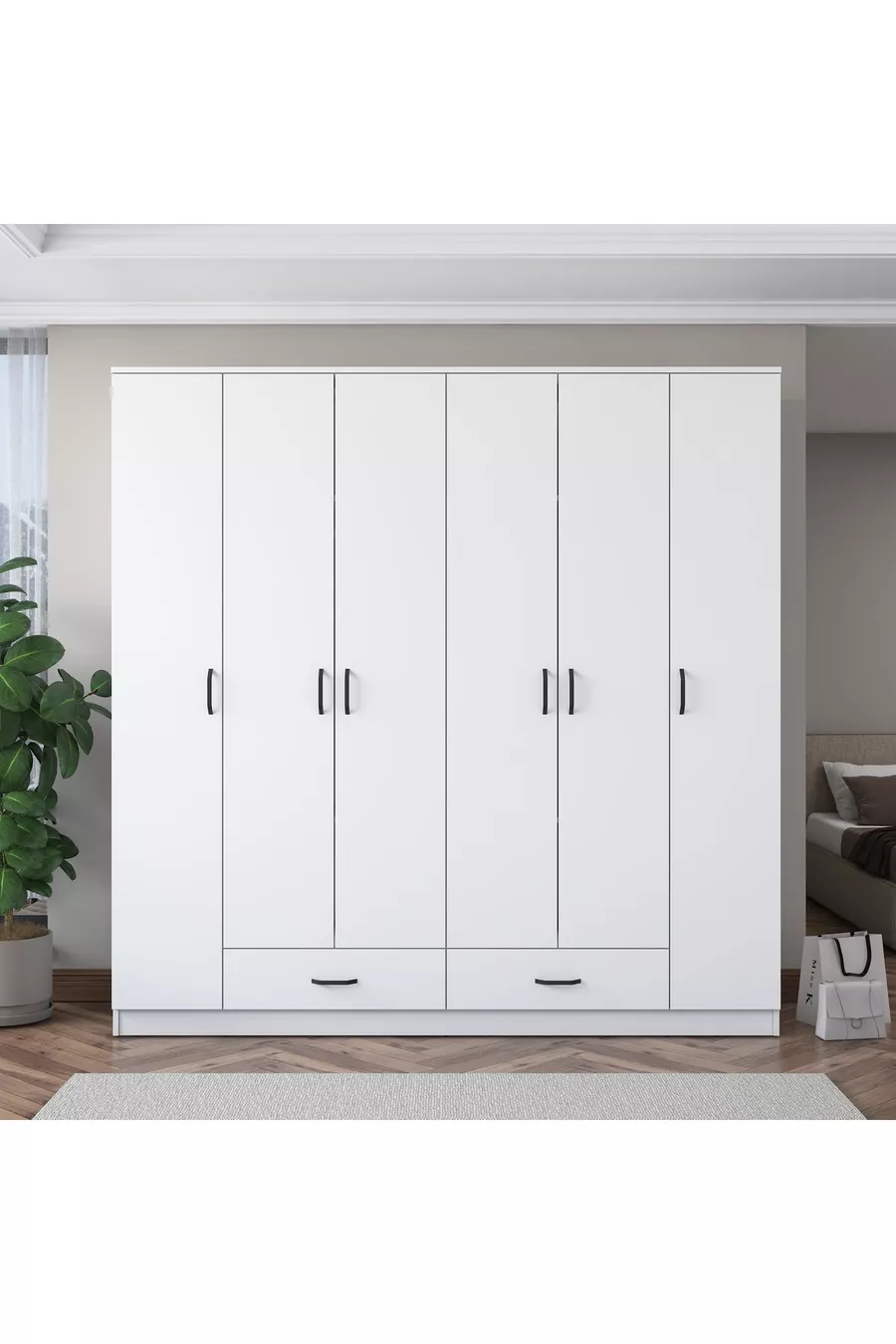 Rani  Großer Kleiderschrank mit 6 Türen, 2 Schubladen,  Regalen und 2 Kleiderstangen, Weiß