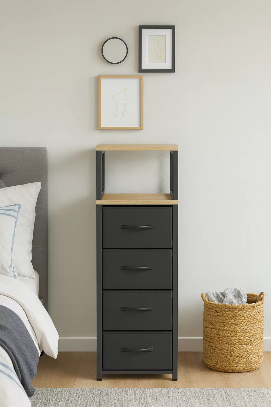 Kommode mit 2 Regalen und 4 Schubladen, Lederschubladen-Kommode, Schlafzimmer-Organizer, multifunktionaler Aufbewahrungsorganizer