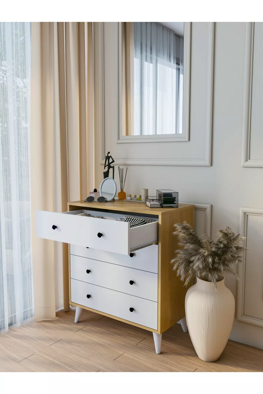 Commode Marbella Blanc brillant - marron 4 tiroirs Commode de style campagnard en bois