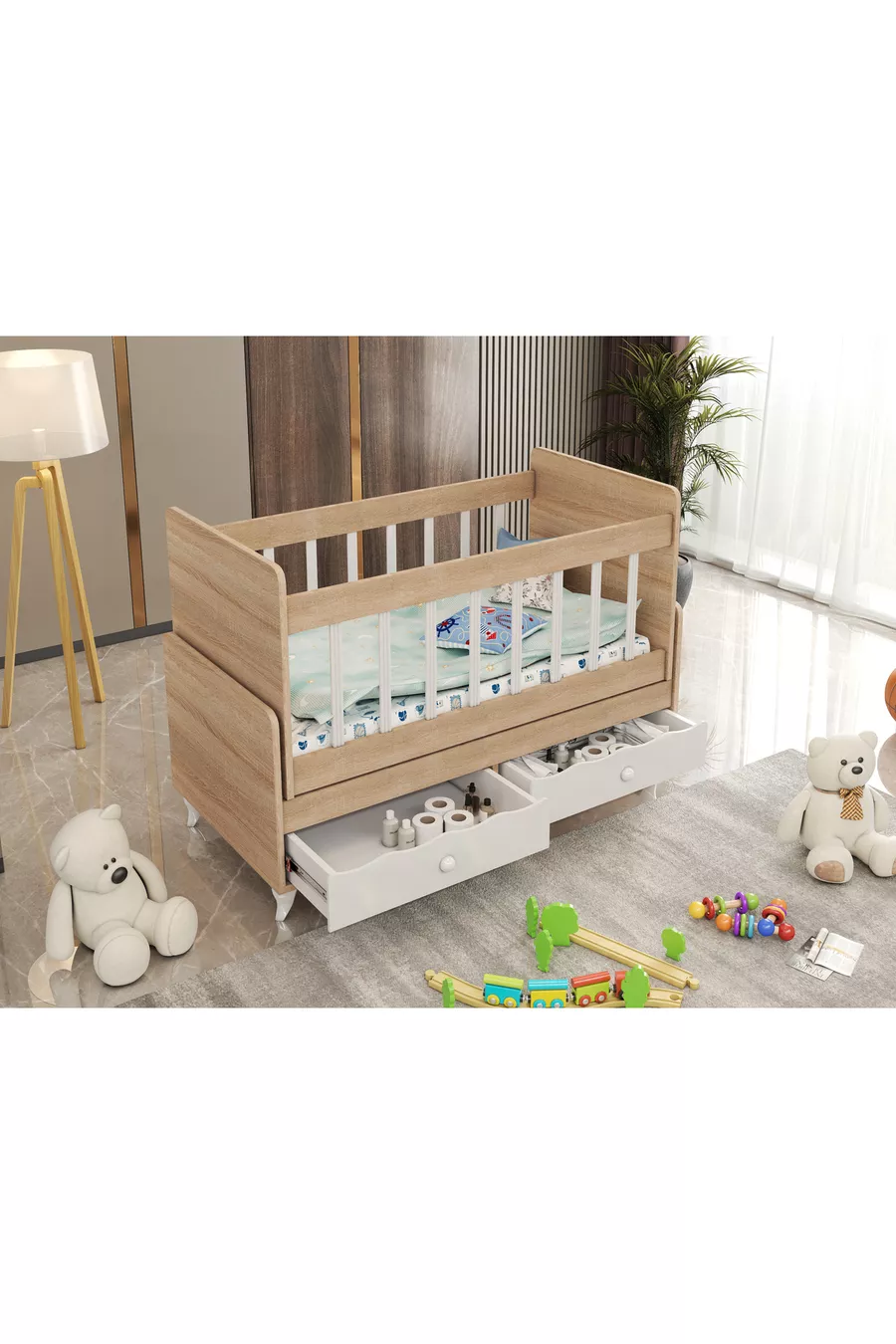 Berceau rétro en bois coloré avec tiroir et lit offert