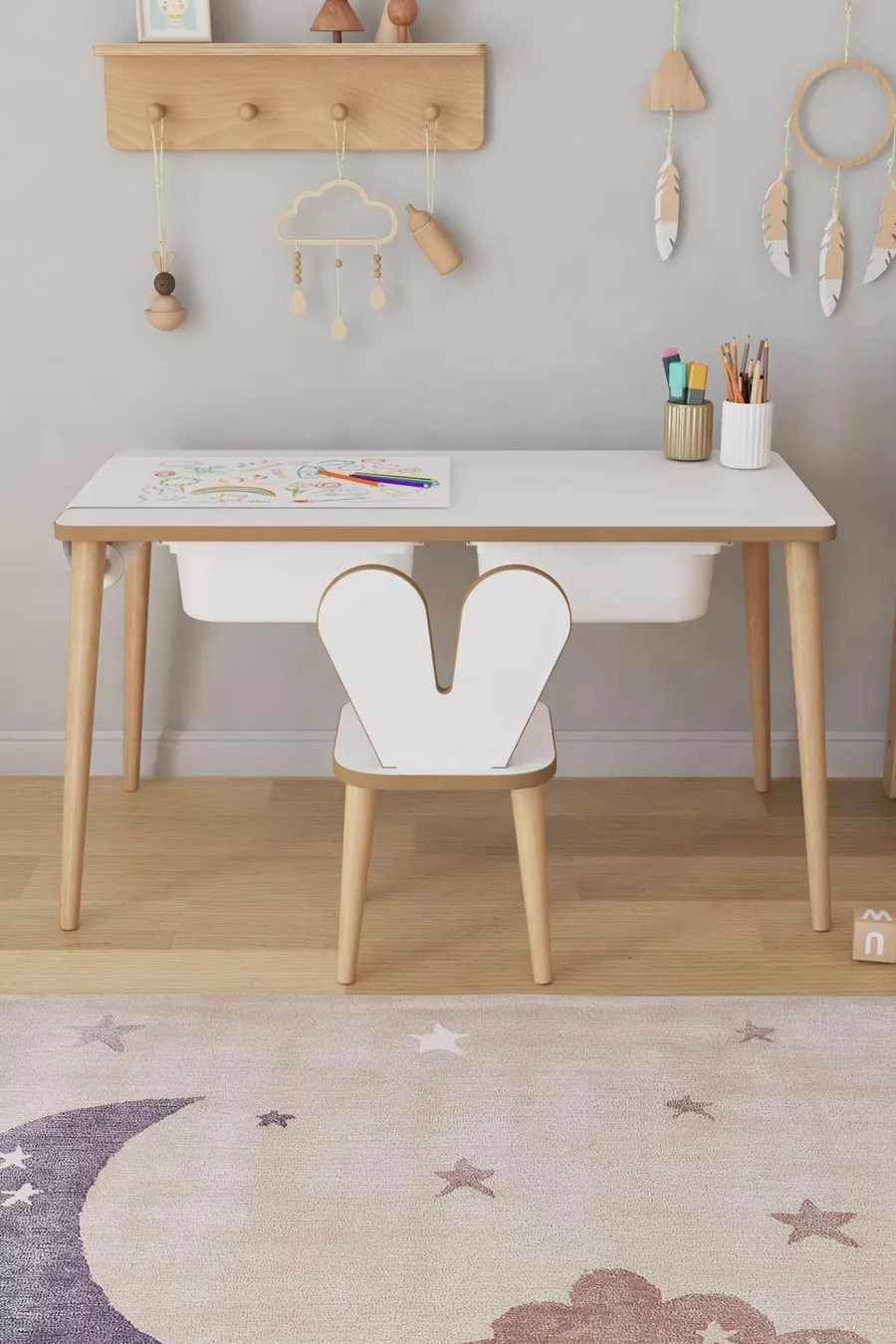 Table d'activité avec rouleau de papier à dessin, ensemble table et chaises lapin pour enfants