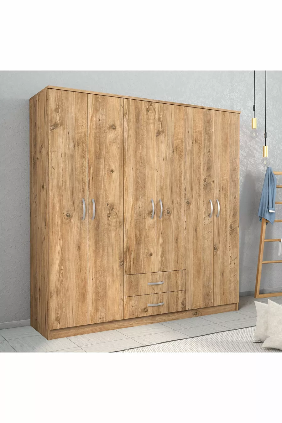 Armoire large Nisa 6 portes 2 tiroirs 7 étagères en pin - 