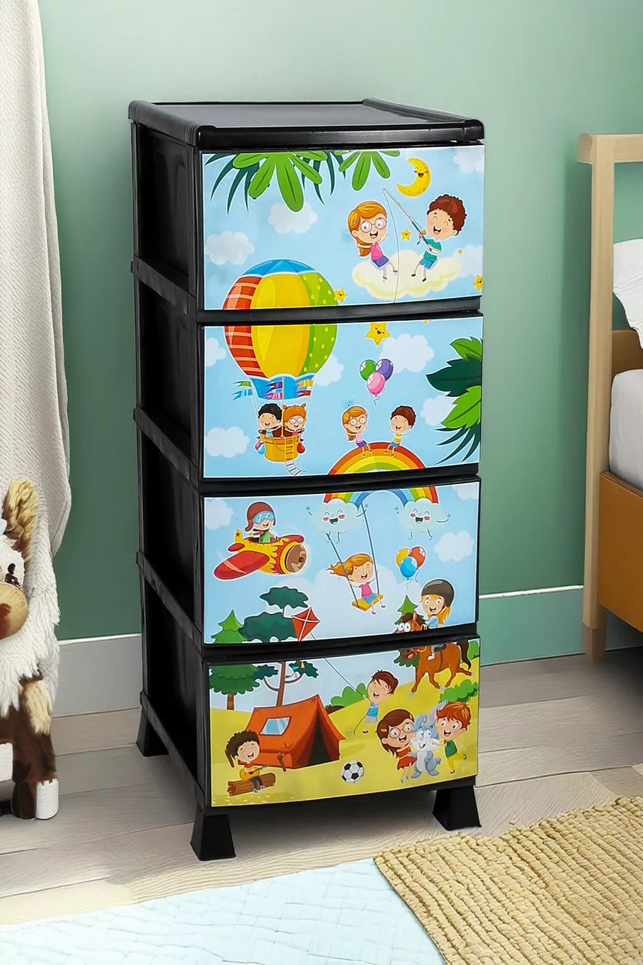 4-Tier Drawer Plastic Nightstand with Children’s Pattern Print Cover - Toy Storage - Toy Basket