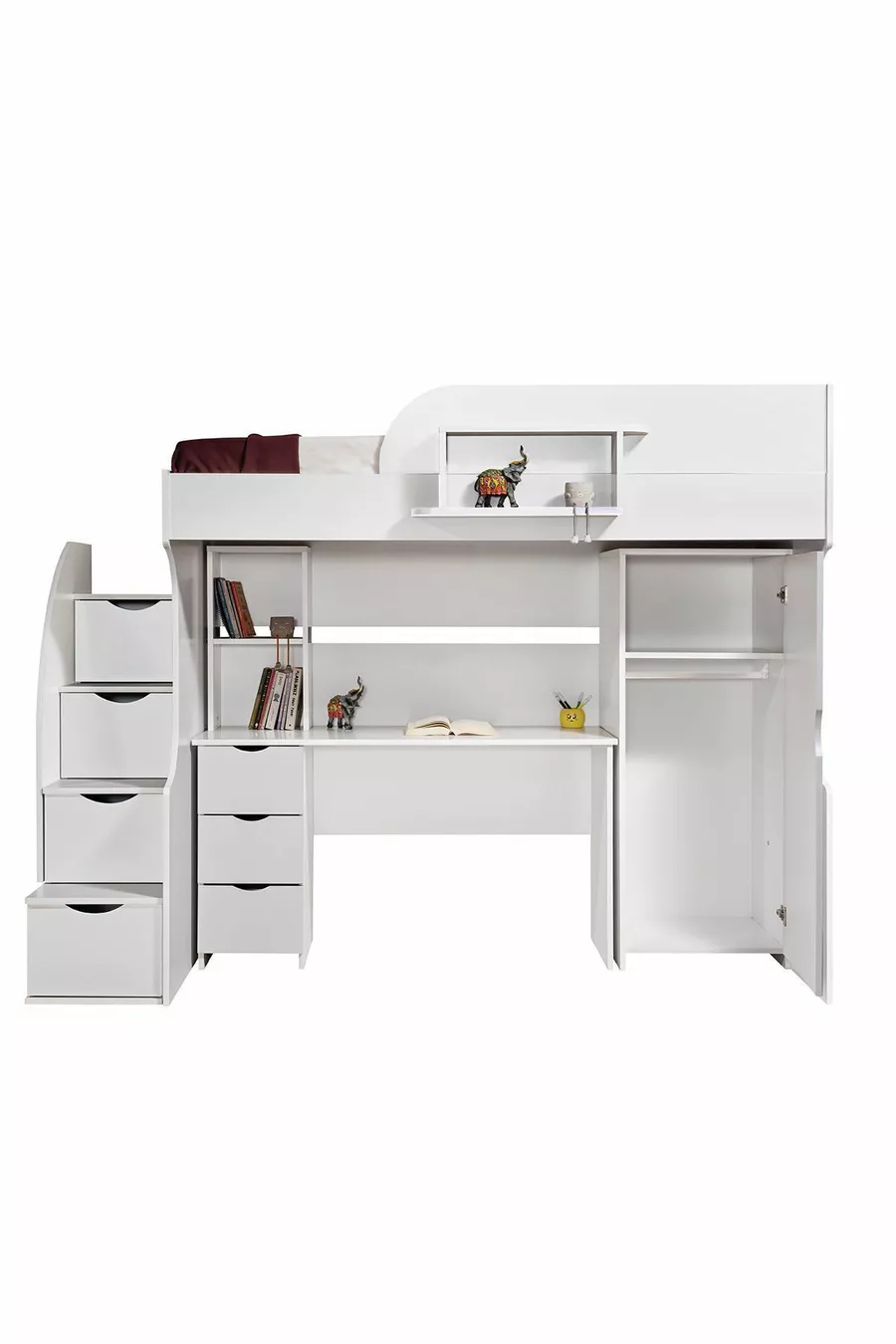 Lits superposés, Litera avec Armoire et Bureau, Blanc 1 Matelas Comfort