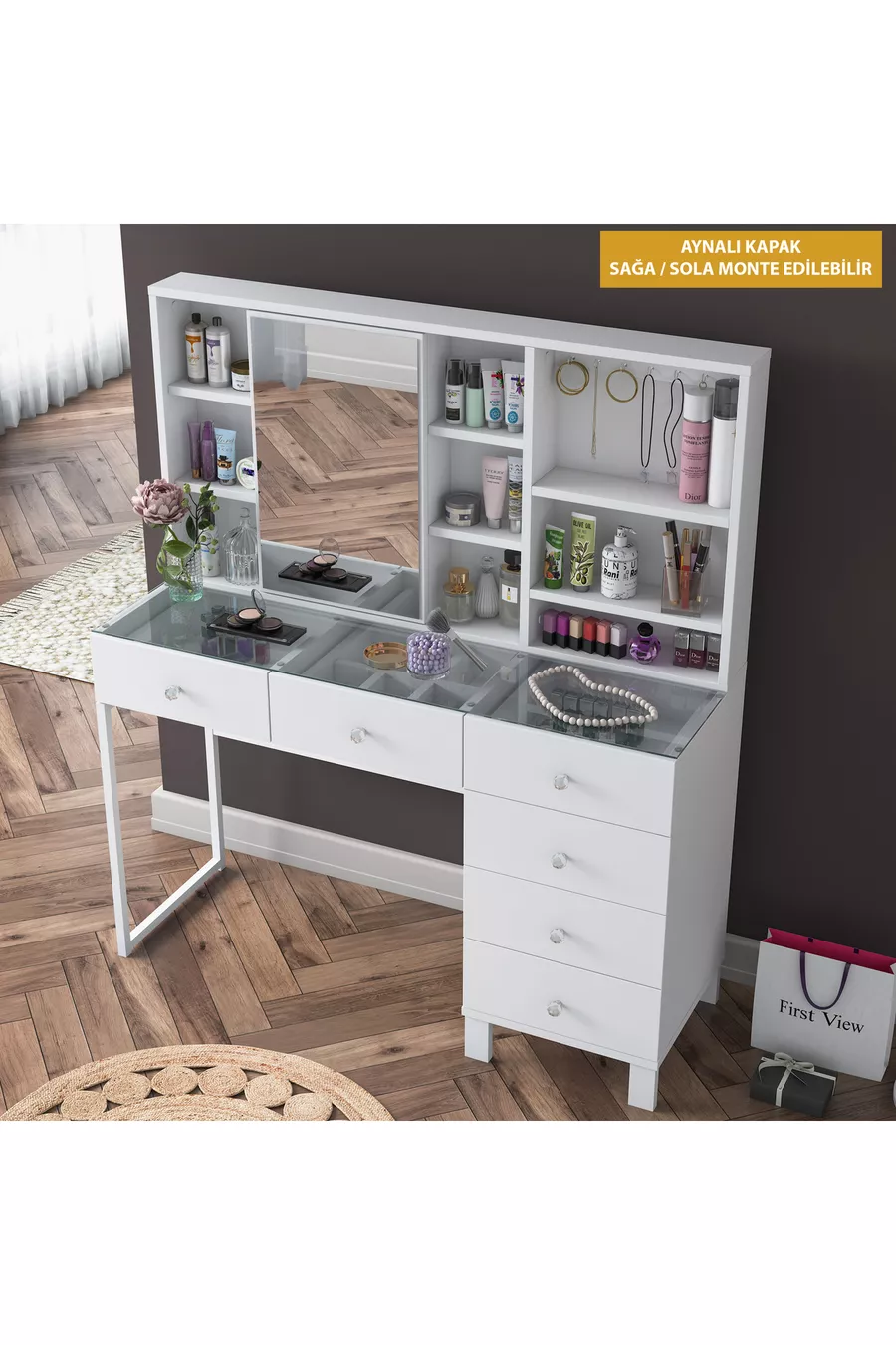 Coiffeuse avec tiroirs Rani à miroir et couvercle, organiseur de bijoux avec crochets, blanc