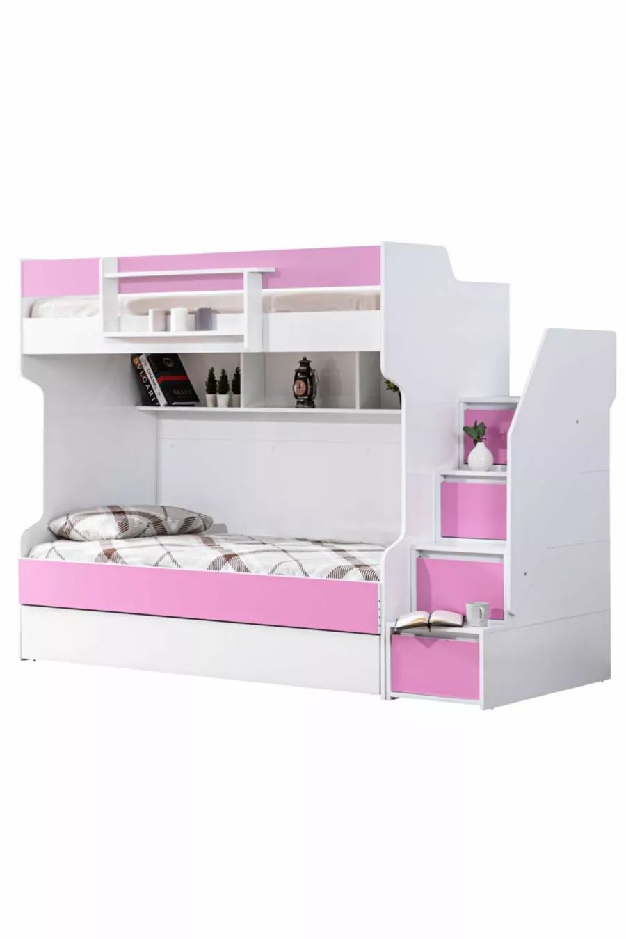 Lits superposés Ranza, courageux avec petit lit - Rose, 3 matelas confort