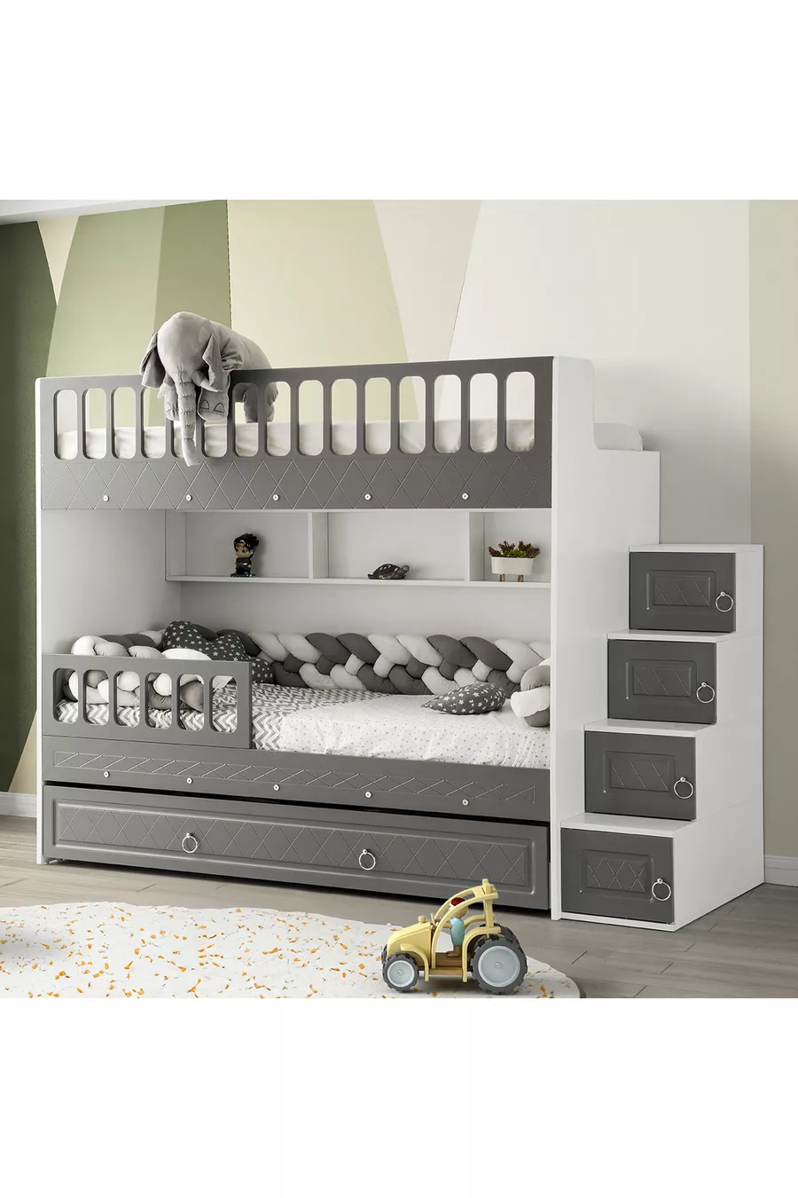 Letto a castello con cassetti Zümrüt, struttura in acciaio, rivestimento in membrana, MDF 100%