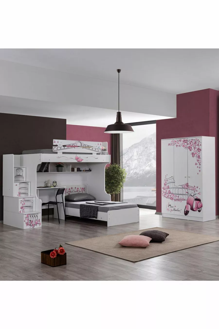 Lits superposés, Lit superposé Pisa, Bureau, Armoire à 3 portes