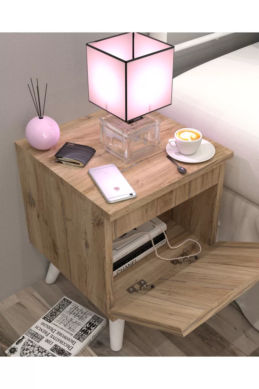 Table de chevet Gimli avec compartiment secret, MDF, assemblé, ne nécessite pas de montage