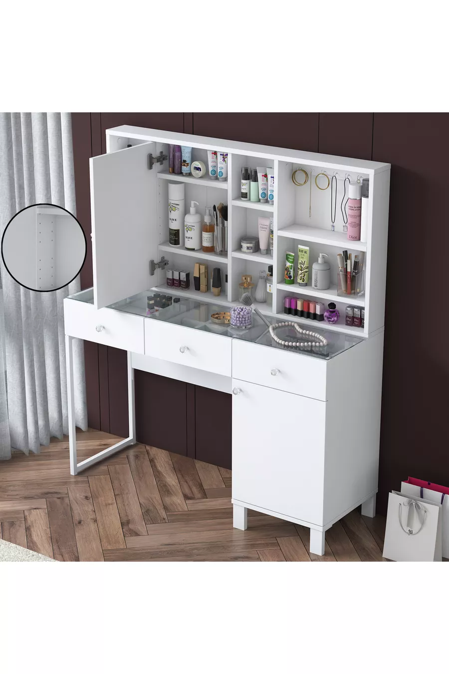 Rani Schminktisch mit Spiegeltür und Schublade, Schmuck-Organizer mit Haken, Weiß
