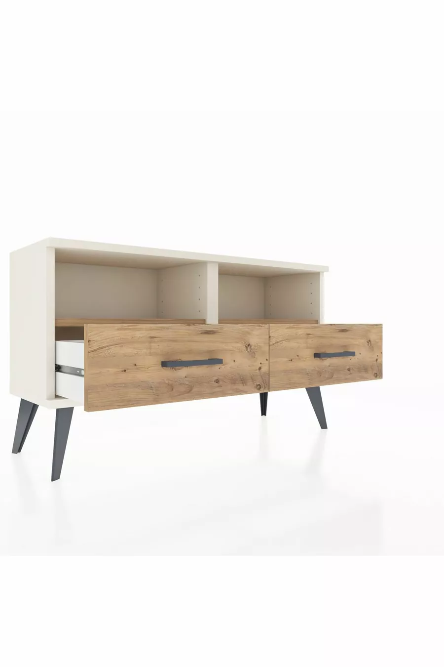 Commode Arges avec 2 étagères et 2 tiroirs, couleur Pierre de Lune-Pin