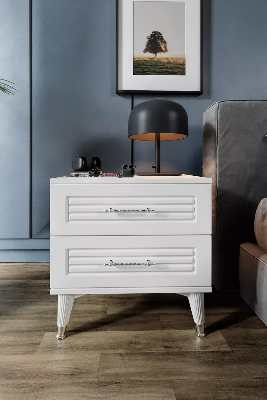 Table de chevet à 2 tiroirs avec volets Blanc Argent