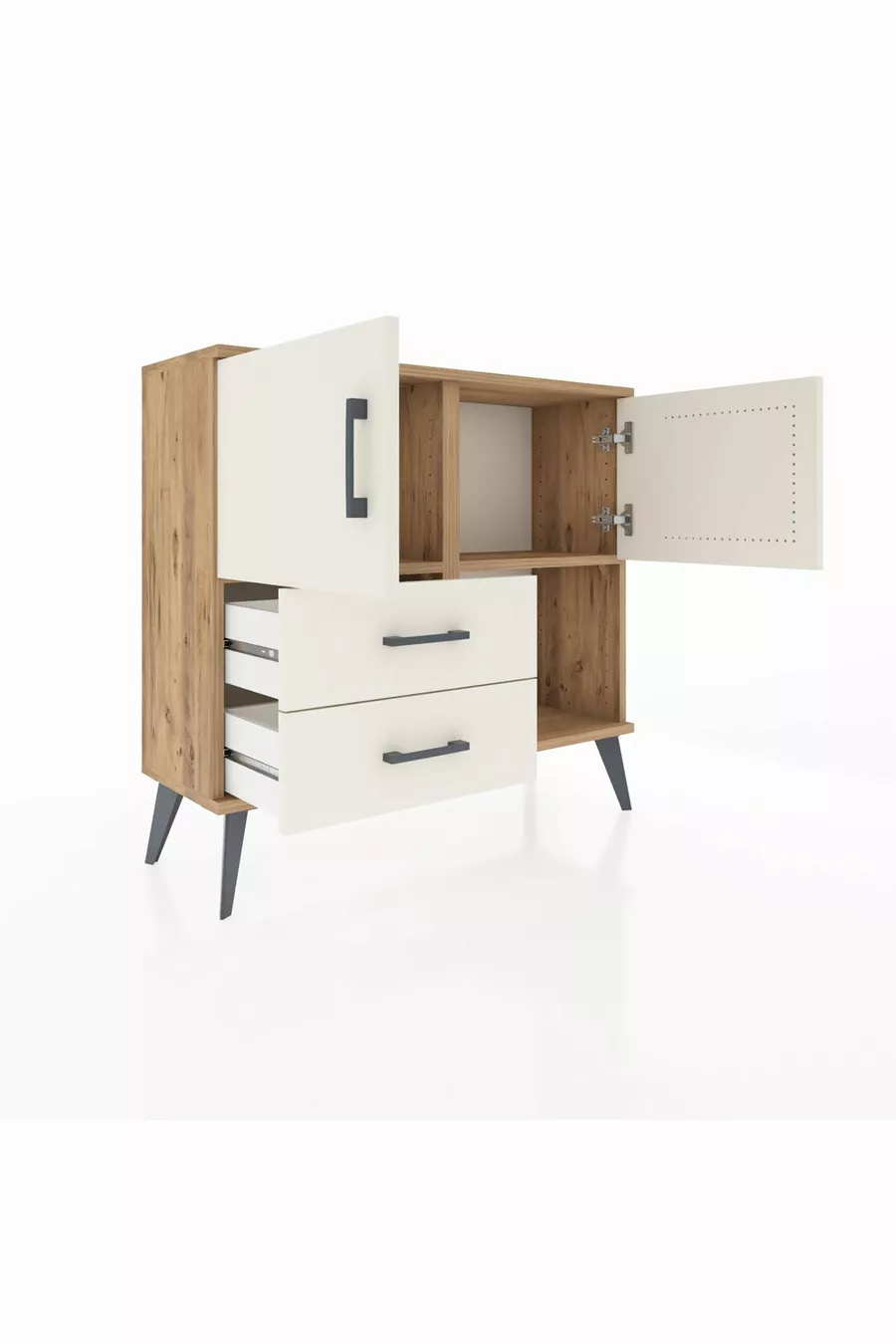 Commode Arges avec 2 étagères, 2 tiroirs et 2 portes, en pin et pierre d'agate