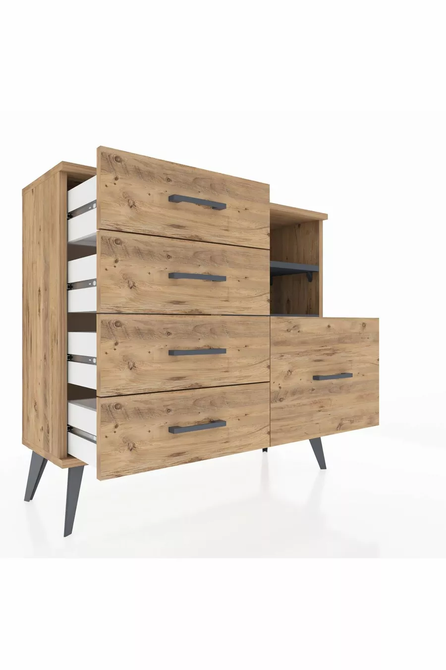 Commode Arges 2 étagères 5 tiroirs Pin-Anthracite/Pin
