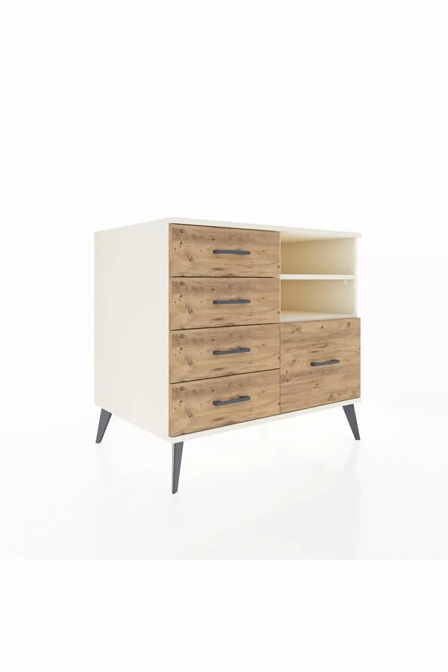 Kronos Dresser with 2 Shelves and 5 Drawers, Moonstone/Moonstone/Pine
