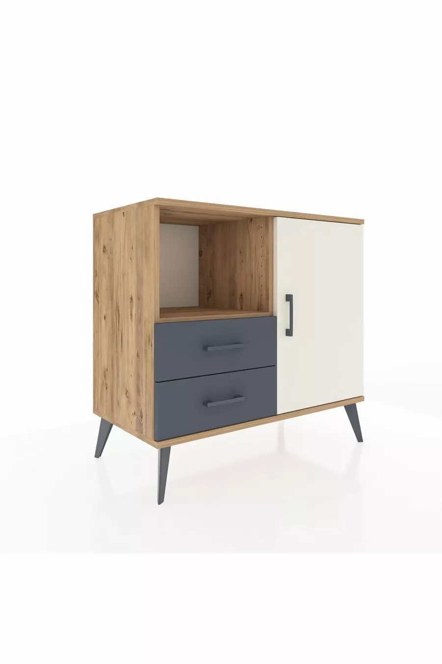 Commode Hyperion avec 2 étagères, 2 tiroirs et 1 porte, en pin et gris anthracite