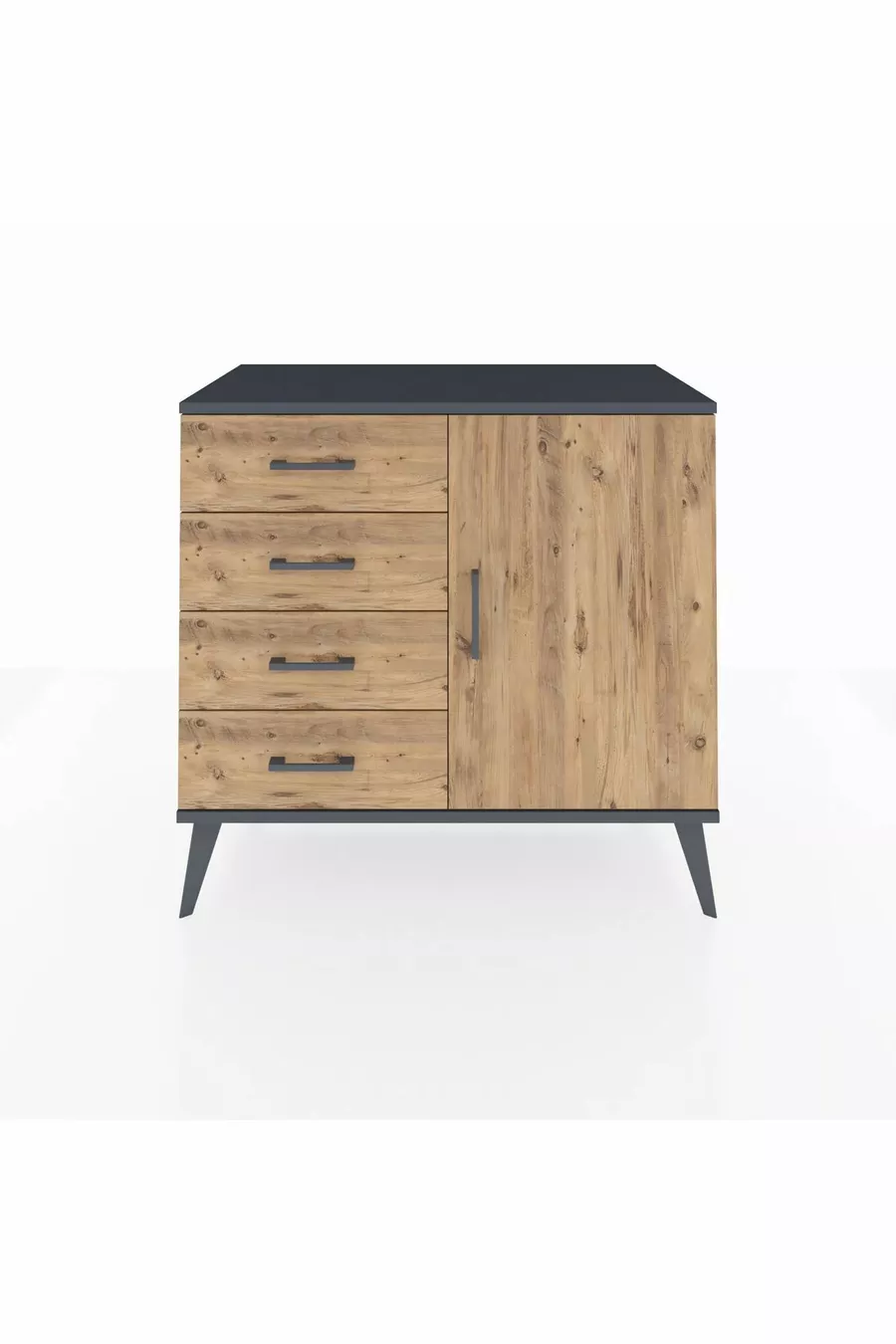 Commode Hyperion à une étagère, 4 tiroirs et une porte, Anthracite-Bois de pin