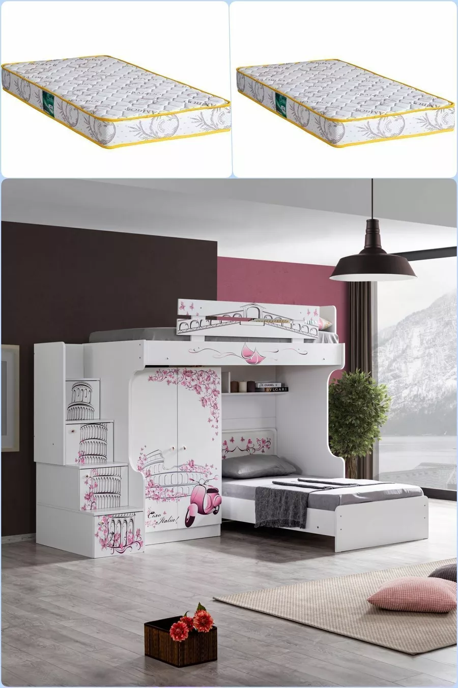 Bunk Bed, Pisa Bunk Bed Bed Wardrobe 2 Comfort Mattresses