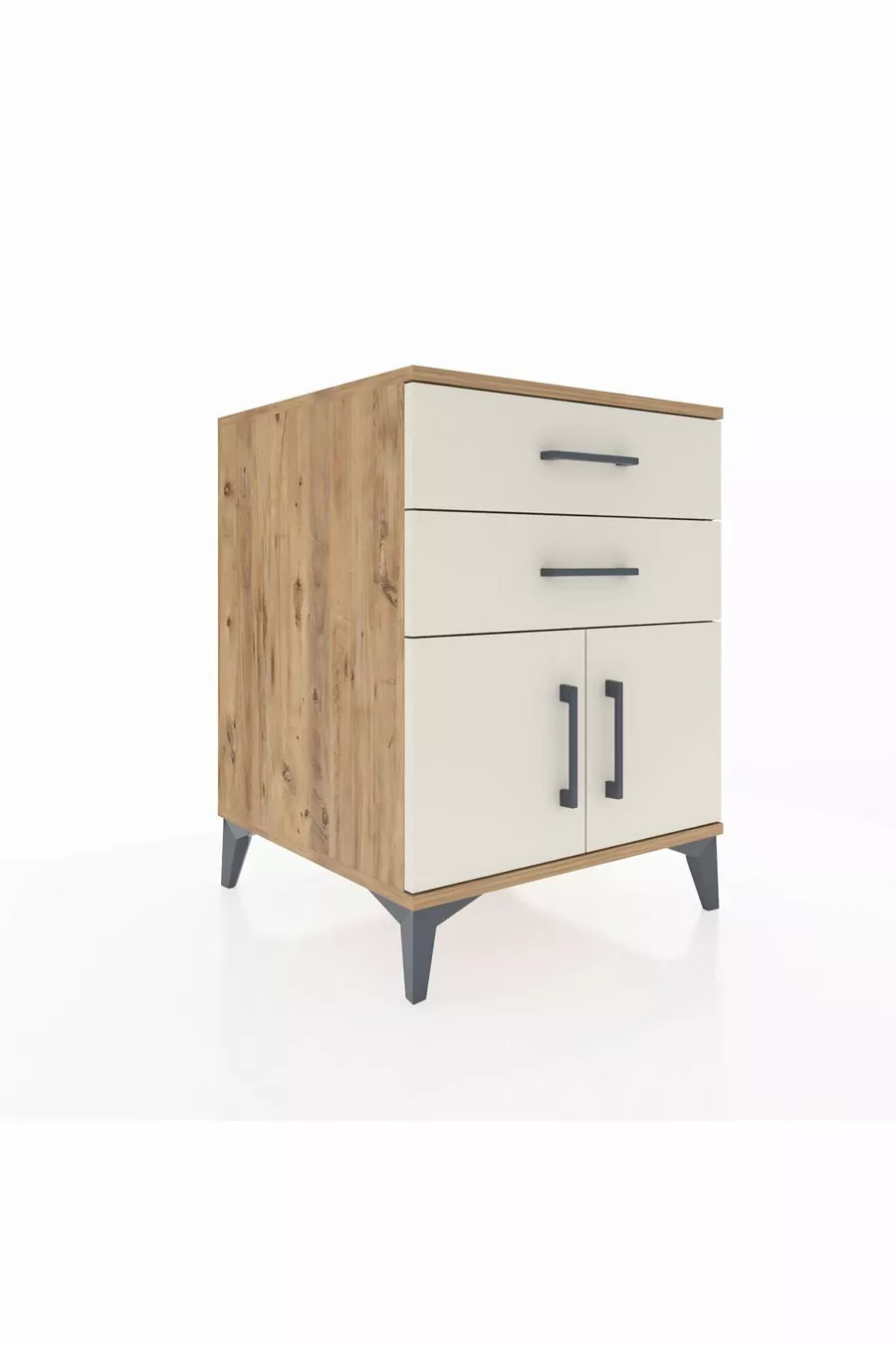 Kronos Table de chevet avec une étagère, 2 tiroirs et 2 portes, pin-pierre d'ardoise